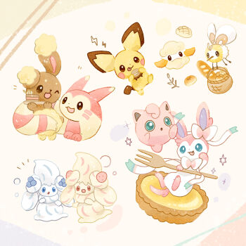 Rule 34 | :3, :d, :p, ;3, ;d, absurdres, alcremie, basket, bee, blue eyes, bread, brown eyes, bug, buneary, character request, closed mouth, commentary request, fang, food, fork, furret, gen 1 pokemon, gen 2 pokemon, gen 4 pokemon, gen 6 pokemon, gen 8 pokemon, highres, insect, jigglypuff, mofucoffee, nintendo, no humans, one eye closed, open mouth, pichu, pie, pokemon, pokemon (creature), pokemon focus, red eyes, smile, sparkle, sylveon, tongue, tongue out