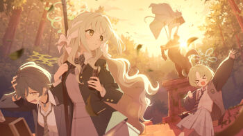 Rule 34 | > <, 4girls, akira (blue archive), animal ears, bad link, black choker, black hair, blazer, blue archive, bow, bowtie, braid, cape, cat ears, cat tail, choker, diagonal-striped bow, diagonal-striped bowtie, diagonal-striped clothes, diagonal-striped necktie, dusk, forest, fuyu (blue archive), green hair, green halo, grey hair, grey skirt, gun, hair bow, hair ribbon, halo, highres, holding, holding walkie-talkie, jacket, long hair, long sleeves, loose necktie, miniskirt, miyo (blue archive), multiple girls, nature, necktie, official art, open mouth, pants, plaid clothes, plaid skirt, ribbon, ribbon braid, rifle, ritsu (blue archive), shirt, short hair, skirt, statue, striped bow, striped bowtie, striped clothes, sunset, tail, tree, walkie-talkie, weapon, white bow, white cape, white hair, white pants, yellow eyes