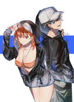 1boy 1girl baseball_cap bikini black_hair black_jacket blue_eyes breasts cleavage cosplay eiki_(eikityou_55) fate/grand_order fate_(series) fujimaru_ritsuka_(female) fujimaru_ritsuka_(female)_(brilliant_summer) fujimaru_ritsuka_(male) fujimaru_ritsuka_(male)_(brilliant_summer) green_shorts hat hood hooded_jacket jacket long_sleeves looking_at_viewer oberon_(fate) oberon_(fate)_(cosplay) oberon_(moody_summer_oberon)_(fate) oberon_(third_ascension)_(fate) open_mouth orange_bikini orange_eyes orange_hair shorts smile striped_bikini striped_clothes swimsuit thighs white_hat