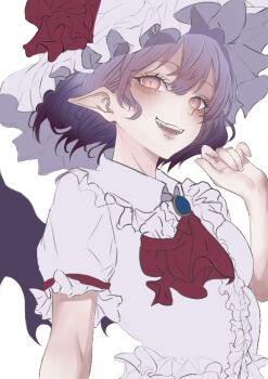 1girl 39_miku3939 ascot bat_wings blue_gemstone blush collared_shirt frilled_hat frilled_sleeves frills gem green_eyes hand_up hat mob_cap open_mouth pointy_ears puffy_short_sleeves puffy_sleeves purple_hair red_ascot remilia_scarlet shirt short_hair short_sleeves simple_background smile solo touhou white_background white_hat white_shirt wings