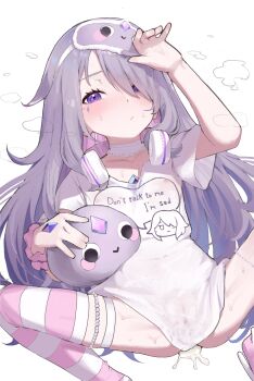 1girl absurdres closed_mouth colored_inner_hair commentary covered_erect_nipples cum cum_in_pussy cumdrip flat_chest headphones headphones_around_neck highres hololive koseki_bijou loli long_hair mirumiruchan multicolored_hair naked_shirt pink_thighhighs purple_eyes purple_hair shirt short_sleeves sleep_mask solo spread_legs striped_clothes striped_thighhighs thighhighs very_long_hair virtual_youtuber white_shirt