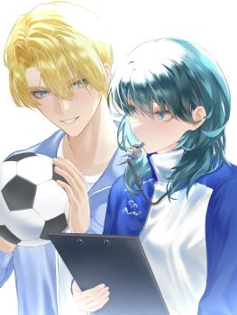 Rule 34 | 1girl, alternate costume, ball, blonde hair, blue eyes, blue jacket, breasts, clipboard, commentary request, contemporary, dimitri alexandre blaiddyd, female byleth (fire emblem), fire emblem, fire emblem: three houses, green hair, gym teacher, highres, holding, holding ball, holding clipboard, jacket, long sleeves, looking at another, looking to the side, medium breasts, multicolored jacket, nintendo, shirt, short hair, soccer ball, track jacket, two-tone jacket, ujiji0401, whistle, whistle in mouth, white shirt