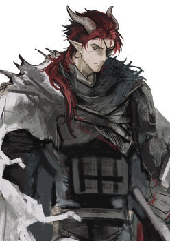 1boy absurdres arknights armor babu_don_(don_10_13) cape commentary_request cowboy_shot demon_boy demon_horns eyepatch highres hoederer_(arknights) horns long_hair looking_at_viewer male_focus pointy_ears red_eyes red_hair scar scar_on_face simple_background solo white_background