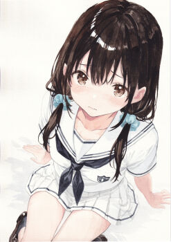 1girl bare_legs blush brown_eyes brown_hair closed_mouth commentary_request cowboy_shot double-parted_bangs from_above hair_between_eyes highres leaning looking_at_viewer looking_up low_twintails necktie original painting_(medium) pale_skin pleated_skirt sailor_collar school_uniform serafuku shirt shoes short_sleeves shy simple_background sitting skirt solo traditional_media twintails watercolor_(medium) white_background white_shirt white_skirt yoru_(watercolor_artist)