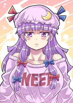 1girl blunt_bangs blush bow breasts colonel_aki commentary_request hair_bow hat hat_ornament highres large_breasts long_hair long_sleeves looking_at_viewer mob_cap off-shoulder_sweater off_shoulder patchouli_knowledge purple_eyes purple_hair sidelocks solo sweater touhou upper_body