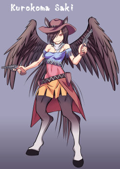 Rule 34 | 1girl, absurdres, animal ears, ayana mizuki, bags under eyes, belt, breasts, brown eyes, brown hair, brown hat, brown wings, character name, commentary request, covered navel, cowboy hat, cowboy western, dress, dual wielding, ears through headwear, full body, grey background, grin, gun, hair between eyes, hair over one eye, handgun, hat, highres, holding, holding gun, holding weapon, hooves, horse ears, horse girl, horse tail, kurokoma saki, long bangs, long hair, looking at viewer, multicolored dress, off-shoulder dress, off shoulder, revolver, small breasts, smile, solo, tail, touhou, very long hair, weapon, wings