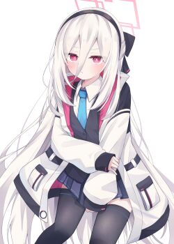 Rule 34 | 1girl, :t, absurdres, black bow, black hairband, black thighhighs, blazer, blue archive, blue necktie, bow, bright pupils, collared shirt, commentary request, dress shirt, hair between eyes, hair bow, hairband, halo, hand on own arm, highres, jacket, kei (blue archive), kei (new body) (blue archive), long hair, long hair between eyes, long sleeves, necktie, nekoratte, open clothes, open jacket, pleated skirt, pocket, puffy sleeves, rectangular halo, red eyes, red halo, shirt, skirt, thighhighs, very long hair, white background, white hair, white jacket, white pupils, white shirt