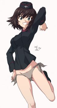Rule 34 | 1girl, absurdres, black hair, blue eyes, breasts, erakin, girls und panzer, grey panties, grin, hat, hida ema, highres, kuromorimine military uniform, medium breasts, military hat, panties, short hair, signature, simple background, smile, solo, underwear, white background