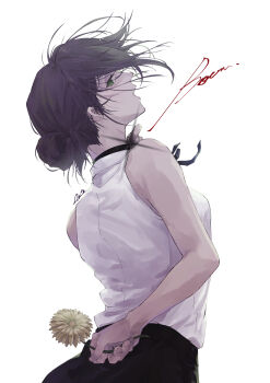 1girl 3minato710 absurdres arm_behind_back black_choker black_hair black_ribbon black_shorts chainsaw_man choker flower green_eyes hair_bun highres holding holding_flower neck_ribbon open_mouth reze_(chainsaw_man) ribbon shirt shirt_tucked_in shorts simple_background sleeveless sleeveless_shirt solo white_background white_flower white_shirt