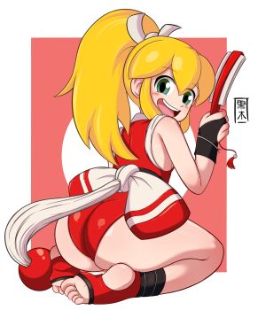 1girl ass bare_shoulders blonde_hair blush_stickers border fatal_fury from_behind green_eyes hand_fan holding holding_fan kurokiart97 leotard loli looking_at_viewer looking_back mega_man_(series) open_mouth ponytail red_background red_leotard roll_(mega_man) seiza shiranui_mai_(cosplay) sitting smile soles solo stirrup_footwear teeth toes upper_teeth_only white_border