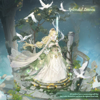 1girl artist_request bird blonde_hair blue_sky bug butterfly character_name closed_mouth cloud copyright_logo crown dove dress dress_flower english_text expressionless floating_clothes floating_hair floating_island flower frilled_sleeves frilled_wrist_cuffs frills full_body fur_scarf gold_crown gown green_dress green_eyes green_wrist_cuffs hair_flower hair_ornament holding holding_sword holding_weapon insect layered_dress lipstick logo long_hair long_sleeves looking_ahead magic makeup miracle_nikki moss multi-tied_hair night nikki_(series) official_art outdoors pillar pleated_dress print_dress queen red_lips scarf sky solo splendid_leaves_(miracle_nikki) standing star_(sky) starry_sky sword third-party_source three-quarter_sleeves tree very_long_hair weapon white_dress white_flower white_scarf wrist_cuffs