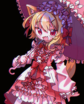 Rule 34 | 1girl, :d, alternate costume, animal ears, black background, blonde hair, blush, bow, bowtie, commentary request, cookie (touhou), cowboy shot, dress, fang, fox ears, fox girl, fox tail, frilled dress, frills, holding, holding umbrella, lolita fashion, long sleeves, looking at viewer, medium hair, melanin shikiso, miramikaru riran, open mouth, pink dress, pink umbrella, red bow, red bowtie, red eyes, simple background, single sidelock, skin fang, smile, solo, tail, umbrella
