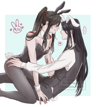 ... 2boys ahoge alternate_costume animal_ears bare_shoulders bite_mark black_hair black_leotard black_necktie black_pants black_pantyhose black_vest blush bunny_day collared_shirt contemporary couple crossdressing crossdressing_(mtf) dated detached_collar fake_animal_ears fake_tail from_side grabbing_another's_ass grey_eyes groping hair_ribbon hand_on_another's_ass heart hickey holding_another's_arm koma_hase lan_wangji leotard long_hair looking_at_another male_focus male_playboy_bunny modao_zushi multiple_boys necktie nipple_slip nipples pants pantyhose playboy_bunny ponytail profile rabbit_ears rabbit_tail red_ribbon ribbon shirt sidelocks sitting sitting_on_lap sitting_on_person smile spoken_ellipsis spoken_heart straddling strapless strapless_leotard tail trap twitter_username vest watermark wei_wuxian white_shirt wrist_cuffs yaoi yellow_eyes