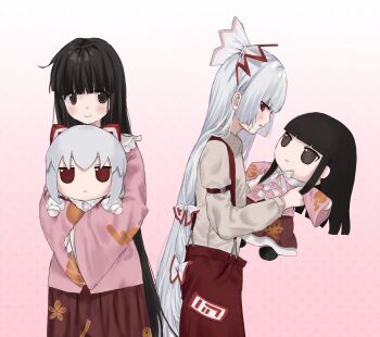 2girls black_hair blunt_bangs bow brown_eyes character_doll commentary doll fujiwara_no_mokou fumo_(doll) gradient_background hair_bow holding holding_doll houraisan_kaguya jitome long_hair long_sleeves looking_at_another looking_to_the_side multiple_girls pants parted_lips pink_background profile red_eyes skirt sleeves_past_wrists smile suspenders symbol-only_commentary touhou trmkthanks very_long_hair white_hair