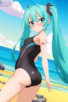 1girl 2d_artwork absurdly_long_hair aqua_eyes ass ass_crack bad_tag bare_arms bare_hands bare_legs bare_shoulders bare_skin beach bikini black_bikini black_one-piece_swimsuit black_swimsuit black_swimwear blue-eyed_female blue-haired_female blue_eyebrows blue_eyes blue_hair blue_sky blush blush_face blushing_lines breasts butt_crack cloud coast cyan-eyed_female cyan-haired_female day daylight dot_nose embarrassed embarrassed_expression exposed_arms exposed_legs exposed_skin exposed_thighs female female_focus flustered flustered_female frown frown_eyebrows frowning frowning_at_viewer gluteal_fold hair_between_eyes hatsune_miku head_tilt highres horizon lean_figure long_hair looking_at_viewer looking_back narrow_waist ocean one-piece_swimsuit outdoors petite petite_breasts petite_girl petite_tits sand seaside shugo19 sideboob sky small_breasts solo standing swimsuit swimwear thighs tilted_head twintails upper_body very_long_hair very_long_hair_female vocaloid wide_hips