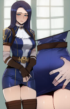 1boy 1girl ass ass_grab blue_eyes blue_hair blush caitlyn_(league_of_legends) fingerless_gloves from_behind frontal_upskirt gloves highres league_of_legends long_hair molestation ratatatat74