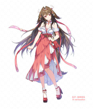 1girl animal_ear_fluff animal_ears arm_at_side arm_strap artist_name bag bag_charm belt bow bracelet breasts brown_belt brown_hair charm_(object) chinese_commentary cleavage closed_mouth collar commentary_request cross-laced_clothes cross-laced_top droopy_ears fingernails flower footwear_bow frilled_collar frilled_shirt frilled_sleeves frills full_body ge_zhong_kuaile green_flower grid_background hair_ornament hair_ribbon hairband halter_shirt halterneck hand_up handbag head_tilt heel_up high-waist_skirt high_belt high_heels highres holding_strap horse_ears horse_girl horse_tail jewelry long_hair medium_breasts multicolored_hairband nail_polish necktie off-shoulder_shirt off_shoulder official_alternate_costume partial_commentary red_bow red_eyes red_hairband red_necktie red_ribbon red_shoes red_skirt ribbon see-through_clothes see-through_shirt see-through_socks shirt shoes short_sleeves shoulder_bag skirt smile socks solo standing strappy_heels striped_clothes striped_skirt tail twitter_username two-tone_hairband two-tone_skirt vertical-striped_clothes vertical-striped_skirt very_long_hair white_background white_collar white_hair white_shirt white_skirt white_socks wrist_flower ye_shunguang ye_shunguang_(touch_of_dawnlight) zenless_zone_zero