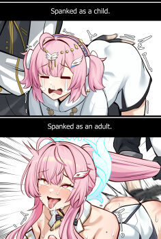 Rule 34 | 1boy, 1girl, = =, absurdres, adoptive parent and adoptive child, aemeath (wuthering waves), aemeath (young) (wuthering waves), ahoge, ass, ass ripple, bilingual text, black gloves, blush, bonz0616, commentary, crying, dress, drooling, emphasis lines, english commentary, english text, father and child, father and daughter, gloves, grabbing another's hair, hair ornament, highres, holding another's hair, inseki, leotard, male rover (perpetual spark) (wuthering waves), male rover (wuthering waves), medium hair, mixed-language text, mole, mole on shoulder, open mouth, parent and child, peanut mouth, pink eyes, pink hair, rolling eyes, rover (wuthering waves), runny nose, short twintails, smile, snot, spanked, spanking, spasm, sweat, tongue, tongue out, twintails, white dress, white leotard, wuthering waves