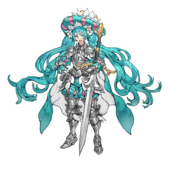 1girl aqua_eyes aqua_hair aqua_hat armor flat_chest full_armor full_body gauntlets greatsword greaves hand_on_own_hip hat hatsune_miku highres holding holding_sword holding_weapon huge_weapon large_hat long_hair looking_at_viewer medieval nrcgray open_mouth pauldrons shoulder_armor simple_background smile solo sword very_long_hair vocaloid weapon white_background