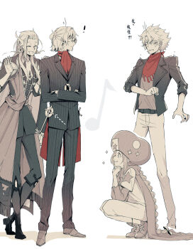 ! 4boys antonio_salieri_(fate) ascot bandana classicaloid closed_mouth commentary_request crossed_arms crossover fate/grand_order fate_(series) hand_on_another's_shoulder hat highres historical_name_connection jacket jacket_around_neck long_sleeves ludwig_van_beethoven_(classicaloid) male_focus monochrome multiple_boys name_connection pants red_ascot red_bandana shoes simple_background sparkle spot_color squatting striped_clothes striped_jacket striped_pants translation_request waving white_background wolfgang_amadeus_mozart_(classicaloid) wolfgang_amadeus_mozart_(fate) worrisorochi