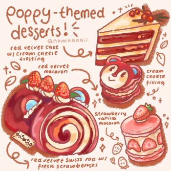 Rule 34 | animal crossing, cake, cake slice, character-themed food, cherry, english text, food, food focus, fruit, heart, highres, icing, leaf, macaron, mydailykai, nintendo, no humans, notice lines, poppy (animal crossing), simple background, sparkle, strawberry, swiss roll, twitter username, white background