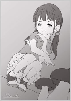 1girl blush female_focus flat_chest full_body highres loli long_hair low_twintails monochrome mushroom panties pantyshot pointing polatouche polka_dot polka_dot_skirt shirt shoes short_sleeves simple_background skirt sneakers socks squatting striped_clothes striped_panties twintails underwear upskirt