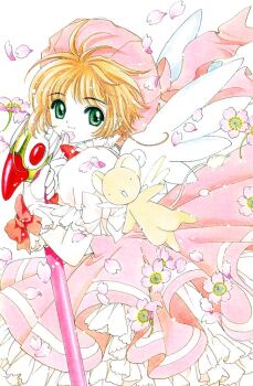 1990s_(style) 1girl baton brown_hair cardcaptor_sakura cherry_blossoms child clamp dress from_side fuuin_no_tsue glove_bow gloves green_eyes hat kero_(cardcaptor_sakura) kinomoto_sakura kinomoto_sakura_(magician) looking_at_viewer magical_girl marker_(medium) name_connection object_namesake official_art pink_hat retro_artstyle short_hair traditional_media wand white_background white_gloves wings
