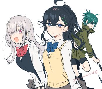 Rule 34 | :d, :o, absurdres, ahoge, bike shorts, black hair, black shorts, blue bow, bow, brown skirt, character request, closed mouth, collared shirt, eyepatch, eyes visible through hair, green hair, green jacket, green skirt, grey hair, hair between eyes, hair ornament, hair over one eye, hairclip, highres, holding, holding polearm, holding weapon, izumo kasumi (nijisanji), jacket, long hair, mole, mole under eye, nijisanji, ninahachi, open mouth, parted lips, pleated skirt, polearm, ponytail, purple eyes, red bow, school uniform, shirt, shorts, shorts under skirt, simple background, skirt, smile, sukoya kana, sweater vest, twitter username, very long hair, virtual youtuber, weapon, white background, white shirt