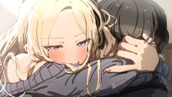 1boy 1girl absurdres black_hair blonde_hair blush commentary_request gakuen_idolmaster grey_sweater hetero highres hug idolmaster juo_sena kasasagi_(futagodori888) long_hair long_sleeves multicolored_hair partial_commentary pink_streaks producer_(idolmaster) streaked_hair sweater