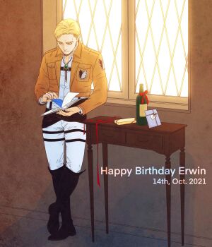 Rule 34 | 1boy, black boots, blonde hair, bolo tie, book, boots, brown jacket, character name, closed eyes, commentary request, dated, english text, erwin smith, full body, happy birthday, highres, holding, holding book, ikichi8tkjn, indoors, jacket, lapels, long sleeves, male focus, notched lapels, open book, pants, parted hair, shingeki no kyojin, shirt, solo, standing, survey corps (emblem), white pants, white shirt, window