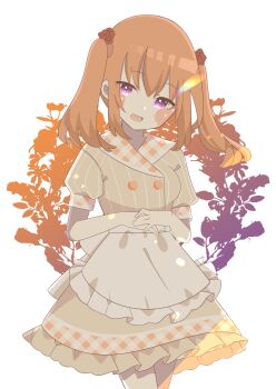 1girl 9ra4ki33 absurdres apron blush_stickers buttons cafe_stella_to_shinigami_no_chou commentary_request double-breasted flower frilled_apron frilled_skirt frills hair_between_eyes hair_flower hair_ornament hands_up happy highres long_hair looking_at_viewer open_mouth orange_hair own_hands_together plaid_clothes plaid_collar puffy_short_sleeves puffy_sleeves purple_eyes red_flower red_rose rose shirt short_sleeves sidelocks simple_background skirt smile solo striped_clothes striped_shirt sumizome_nozomi teeth twintails upper_teeth_only vertical-striped_clothes vertical-striped_shirt waist_apron waitress white_apron white_background yellow_shirt yellow_skirt