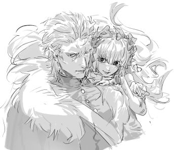 Rule 34 | 1boy, 1girl, bow, buttons, cape, commentary request, cropped torso, fate/strange fake, fate (series), floating hair, francesca prelati (fate), fur-trimmed cape, fur trim, gio dwinter, hair bow, hand on another's shoulder, high collar, highres, looking at viewer, medium hair, monochrome, nail polish, orlando reeve, sketch, smile, tongue, tongue out