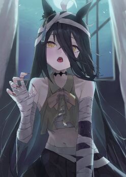 1girl amano_kokoko animal_ears bandaged_arm bandages bare_shoulders black_hair black_skirt blush chest_sarashi fingernails flat_chest green_shirt hair_over_one_eye highres horse_ears horse_girl long_fingernails long_hair looking_at_viewer manhattan_cafe_(umamusume) navel open_mouth sarashi shirt skirt solo torn_clothes torn_shirt umamusume yellow_eyes