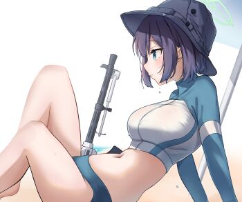 1girl bikini blue_archive blush breasts bucket_hat commentary green_halo gun halo hat highres lahti-saloranta_m/26 large_breasts light_machine_gun long_sleeves looking_at_viewer machine_gun navel official_alternate_costume ogura_toast raglan_sleeves rash_guard saki_(blue_archive) saki_(swimsuit)_(blue_archive) short_hair solo swimsuit weapon