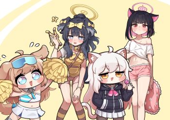 Rule 34 | 4girls, absurdres, ahoge, animal ear fluff, animal ears, bare shoulders, bell, black choker, black hair, black hoodie, blue archive, blue eyes, blush, bow, brown eyes, brown hair, butter (trickcal), cat choker, cat ears, cat girl, cat tail, cheerleader, chibi, choker, colored inner animal ears, colored inner hair, cosplay, costume switch, crossover, dog ears, dog girl, dog tail, double-parted bangs, droopy ears, extra ears, eyewear on head, fang, floppy ears, goggles, goggles on head, golmonggu, green sailor collar, hair between eyes, hair bow, hair ornament, halo, hand under clothes, hand under shirt, hibiki (blue archive), highres, holding, holding pom poms, hood, hoodie, horizontal-striped thighhighs, jacket, jingle bell, kazusa (blue archive), kommy (trickcal), long hair, long sleeves, millennium cheerleader outfit (blue archive), multicolored hair, multiple girls, navel, neck bell, neckerchief, open mouth, pink hair, pink halo, pink neckerchief, pink shorts, pom pom (cheerleading), pom poms, red eyes, ribbon, sailor collar, scratching chest, shirt, short hair, short sleeves, shorts, simple background, skirt, slingshot (weapon), striped clothes, tail, trickcal, two-tone hair, white hair, white shirt, white skirt, yellow background, yellow halo, yellow ribbon, yellow shirt