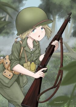 1girl absurdres ammunition_pouch artist_name bandolier belt blonde_hair blue_eyes bolt_action breasts collarbone combat_helmet commentary cowboy_shot dog_tags english_commentary explosive foliage genderswap genderswap_(mtf) green_helmet green_jacket green_pants grenade guadalcanal_(island) guadalcanal_campaign gun gun_sling helmet highres holding holding_weapon jacket load_bearing_vest looking_back m1903_springfield medium_breasts medium_hair military military_combat_uniform military_uniform open_mouth original outdoors pants pouch rainforest real_life revision rifle savankov sidney_phillips signature sleeves_rolled_up solo sweat the_pacific trigger_discipline united_states_marine_corps weapon world_war_ii