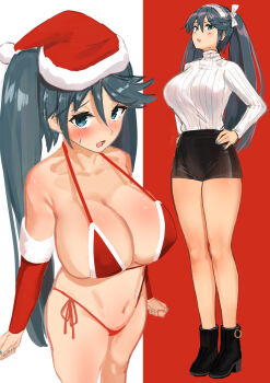 1girl absurdres alternate_costume arm_warmers bikini black_footwear black_shorts blue_eyes blue_hair blue_nails blush boots breasts christmas cleavage hair_between_eyes hat highres isuzu_(kancolle) kantai_collection large_breasts long_hair looking_at_viewer multiple_views open_mouth osananajimi_neko red_bikini ribbed_sweater santa_hat short_shorts shorts side-tie_bikini_bottom simple_background standing sweat sweater swimsuit turtleneck turtleneck_sweater twintails two-tone_background