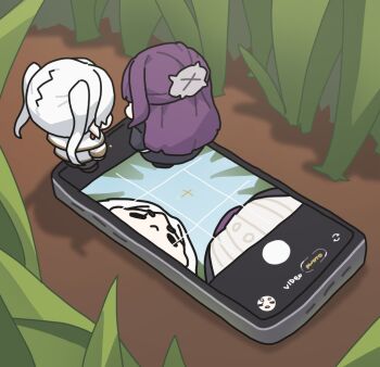 2girls black_coat breasts capelet cellphone chibi coat dress elf fern_(sousou_no_frieren) figures_taking_selfie_(meme) frieren frieren_lap_pillow_(meme) frown full_body large_breasts meme mini_person minigirl multiple_girls outdoors phone pointy_ears purple_hair sechi_(sechihyeo) smartphone sousou_no_frieren twintails viewfinder white_capelet white_dress