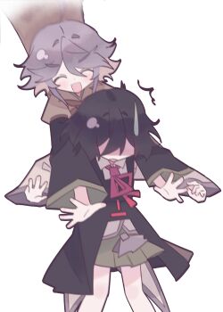 2others ^^^ ^_^ absurdres amoris_(aam0ris) androgynous arms_around_neck ascot bare_legs bare_shoulders black_coat black_hair black_sleeves brown_ascot brown_coat closed_eyes coat coattails collared_coat collared_shirt commentary detached_sleeves dot_nose enraku_tsubakura faceless green_hakama grey_hair hair_between_eyes hakama hakama_short_skirt hakama_skirt happy hashtag-only_commentary highres houlen_yabusame hug hug_from_behind incoming_hug japanese_clothes lapels layered_sleeves len'en light_blush long_hair_between_eyes long_sleeves multiple_others neck_ribbon no_headwear notched_lapels open_mouth other_focus other_with_other puffy_short_sleeves puffy_sleeves red_ribbon ribbon ribbon-trimmed_coat ribbon_trim shaded_face shirt short_hair_with_long_locks short_over_long_sleeves short_sleeves sidelocks simple_background skirt sleeveless sleeveless_coat sleeveless_shirt smile surprised sweatdrop tailcoat v-shaped_eyebrows white_background white_shirt white_sleeves wide_sleeves