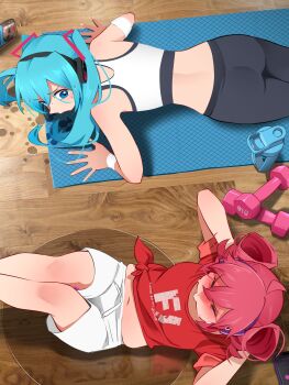 2girls absurdres aqua_hair arms_behind_head black_pants blue_eyes blush commentary english_commentary exercising from_above hair_between_eyes hatsune_miku highres implied_masturbation kasane_teto kasane_teto_(utau) khyle. looking_at_viewer midriff multiple_girls navel pants push-ups red_hair red_shirt shirt short_hair shorts sweat tied_shirt twintails utau vocaloid white_shorts yoga_pants