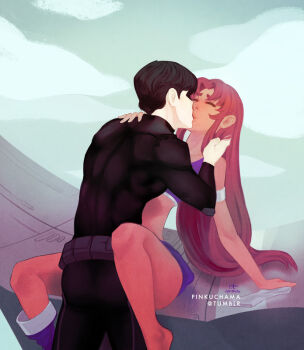 1boy 1girl armlet back bodysuit boots colored_skin couple dc_comics dick_grayson domino_mask eye_mask hetero jewelry kiss long_hair mask nightwing orange_hair orange_skin pink_theme sitting starfire teen_titans toned undressing very_long_hair