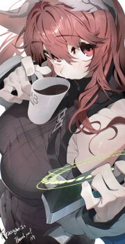 1girl animal_ears breasts coffee commentary_request commission cup drink girls'_frontline girls'_frontline_neural_cloud hair_between_eyes hata4564 highres holding holding_cup large_breasts long_hair looking_at_viewer persicaria_(neural_cloud) red_eyes red_hair skeb_commission solo white_background