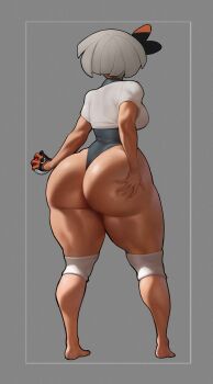 1girl alternate_breast_size_(larger) ass barefoot bea_(pokemon) bow breasts covered_erect_nipples dark-skinned_female dark_skin from_behind gloves grabbing_own_ass grey_background grey_hair hair_bow hand_on_own_ass holding holding_poke_ball huge_ass large_breasts leotard leotard_under_clothes poke_ball poke_ball_(basic) pokemon pokemon_swsh single_glove solo spiralnoww1 thick_thighs thighs