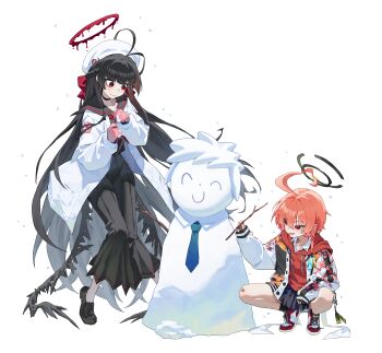 2girls :d absurdres ahoge black_hair black_skirt black_socks blood blood_halo blue_archive blue_necktie braid commentary dress english_commentary feathered_wings gloves halo highres huge_ahoge jacket korean_commentary liquid_halo long_hair long_sleeves low_wings mixed-language_commentary multilingual_commentary multiple_girls necktie neru_(blue_archive) open_mouth orange_hair puffy_sleeves red_eyes sensei_(blue_archive) shoes simple_background skirt smile sneakers snow snowflakes snowman socks tomboy tsurugi_(blue_archive) u.rang wings winter