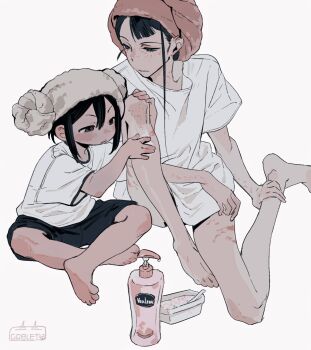 2girls artist_name asakusa_midori asymmetrical_bangs barefoot black_hair commentary eizouken_ni_wa_te_wo_dasu_na! freckles goblet_42 hand_on_another&#039;s_leg highres kanamori_sayaka lotion_bottle multiple_girls shirt shorts simple_background stretch_marks towel towel_on_head white_background white_shirt