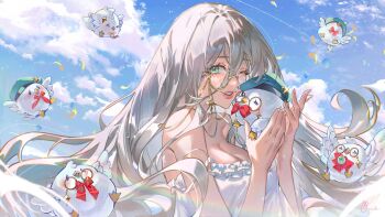 1girl absurdres aia_amare aiadmirer_(aia_amare) animal aqua_eyes artist_name bare_shoulders blonde_hair blue_sky breasts cleavage cloud cloudy_sky commentary dooedo english_commentary eyewear_strap falling_petals glasses hair_between_eyes highres holding holding_animal large_breasts long_hair looking_at_viewer nightgown nijisanji nijisanji_en off_shoulder one_eye_closed petals pink_lips rainbow semi-rimless_eyewear signature sky smile upper_body very_long_hair virtual_youtuber white_nightgown