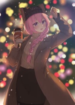 1girl :d absurdres alternate_costume alternate_hairstyle animal_ear_headwear animal_ears animal_print backlighting beanie black_skirt blurry blurry_background blush braid braided_ponytail brown_coat cat_ears cat_print christmas christmas_tree coat commentary_request cowboy_shot cup disposable_cup fake_animal_ears hair_between_eyes hands_up happy hat highres holding holding_cup lifejamguy long_hair long_sleeves low_ponytail mitsukasa_ayase night open_clothes open_coat open_mouth outdoors pencil_skirt pink_hair ponytail print_headwear purple_eyes ribbed_sweater riddle_joker single_braid skirt smile snowing solo sweater white_sweater winter