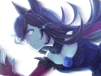 Rule 34 | 1girl, animal ears, bare shoulders, batako (pfbatakopd), blue dress, blue flower, blue hat, blue rose, breasts, brown hair, clenched teeth, commentary request, dress, eye trail, flipped hair, flower, fur choker, hair over one eye, hat, hat flower, horse ears, horse girl, light trail, long hair, long sleeves, off-shoulder dress, off shoulder, open mouth, purple eyes, rice shower (rosy dreams) (umamusume), rice shower (umamusume), rose, running, small breasts, solo, sweat, teeth, tilted headwear, umamusume