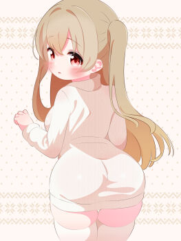 1girl ass blush breasts brown_hair dress from_behind highres long_hair long_sleeves looking_at_viewer looking_back medium_breasts minagi_koharu open_mouth r245 red_eyes slow_loop standing thick_thighs thighhighs thighs twintails white_background white_dress white_thighhighs wide_hips