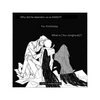 2boys black_wings character_name coat english_text faceless feathered_wings full_body grabbing_another&#039;s_shoulder greyscale hand_on_own_knee highres kim_dokja male_focus monochrome multiple_boys omniscient_reader&#039;s_viewpoint open_clothes open_coat paper sitting twle white_coat wings yoo_joonghyuk